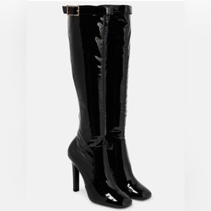 Saint Laurent Lala Square Toe Crystal-buckle Leather Knee-high Boots